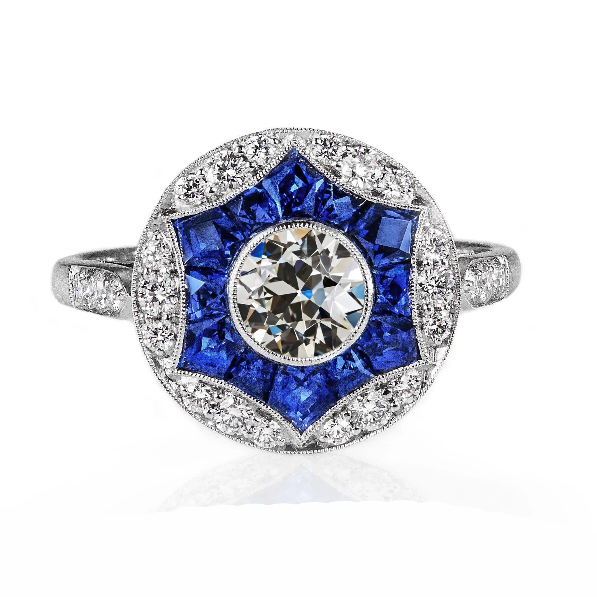 Bijoux Art Déco New Halo Old European Réel Diamond Saphir Ring