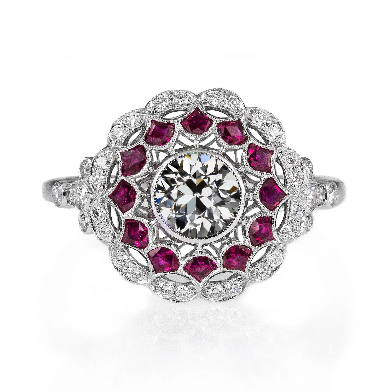 Bijoux Art Déco New Halo Ring Old Cut Réel Diamond Ruby Flower Style Special Cut
