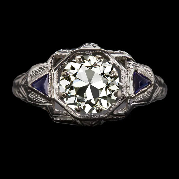 Bijoux Art Déco New Old Cut Véritable Diamond & Sapphire 3 Stone Ring Filigrane