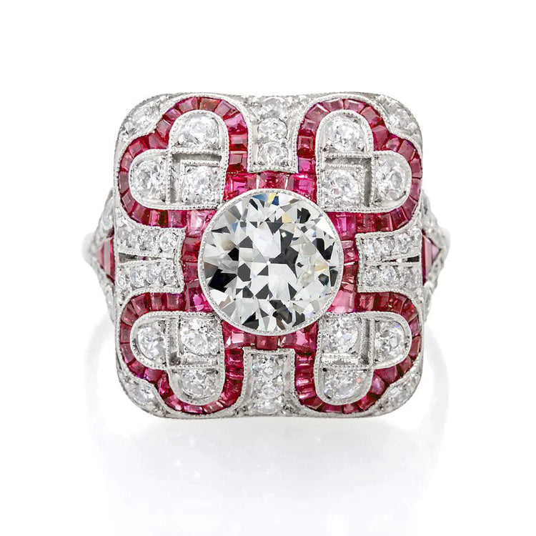 Bijoux Art Déco Nouveau Style Antique Halo Old Cut Réel Diamond Ruby Ring