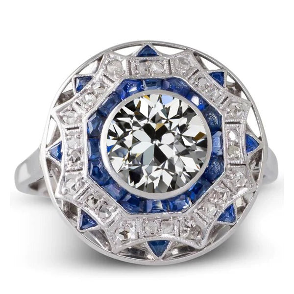 Bijoux Art Déco en or Bague New Halo Saphir bleu et Réel diamant taille ancienne Style étoile