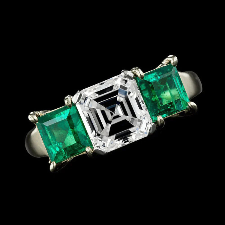 Bijoux Artisanaux Asscher Bague Réel Diamant Emeraude 3 Pierres