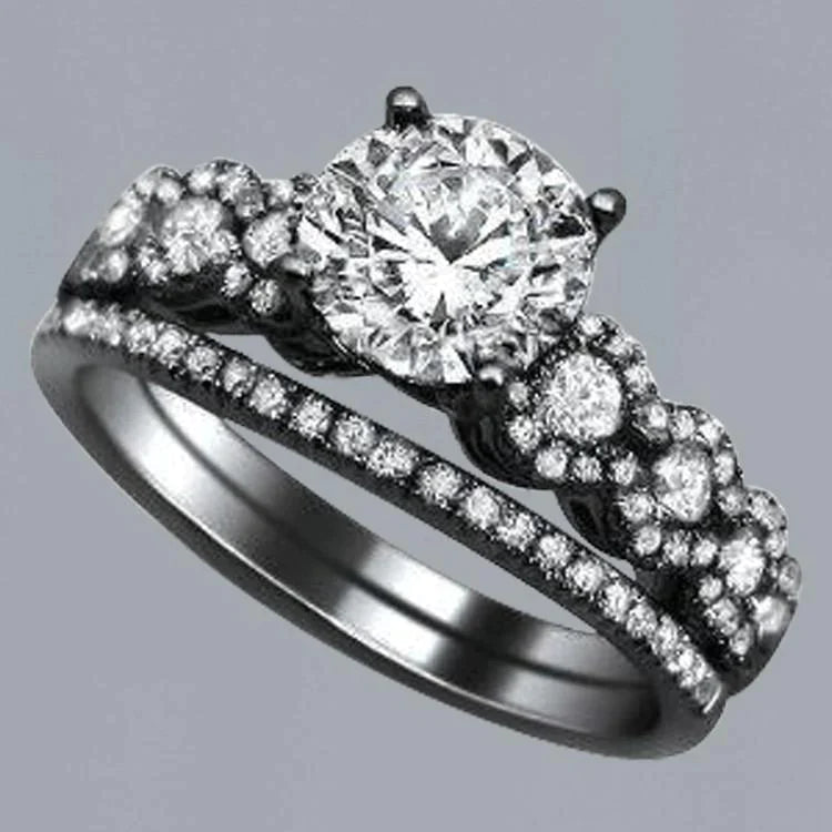 Bijoux Artisanaux Bague Véritable Diamant Or Noir Ensemble