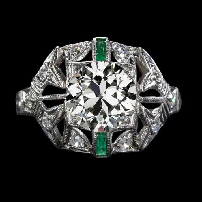 Bijoux De Style Art Déco De Style Vintage Bague Émeraude Naturel Diamant Taille Ancienne
