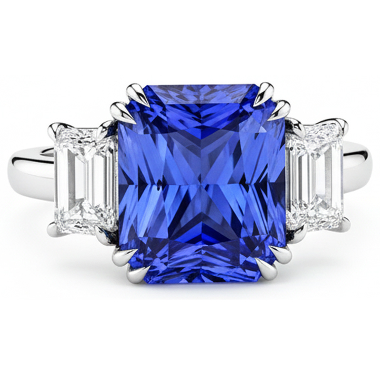 Bijoux Diamant Emeraude Bague 3 Pierres Saphir Radiant 5 Carats