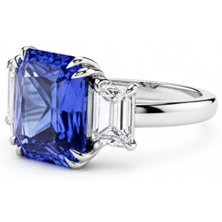 Bijoux Diamant Emeraude Bague 3 Pierres Saphir Radiant 5 Carats