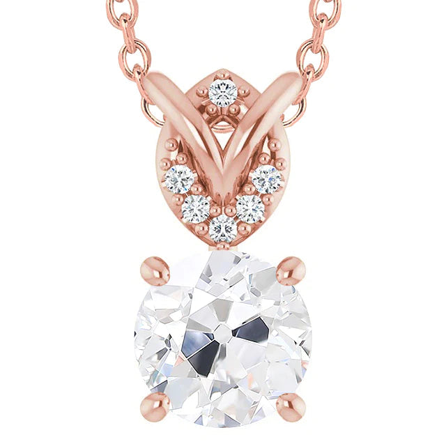 Bijoux Or Rose Réel Diamant Pendentif Rond ancienne mine Cut 5 Carats