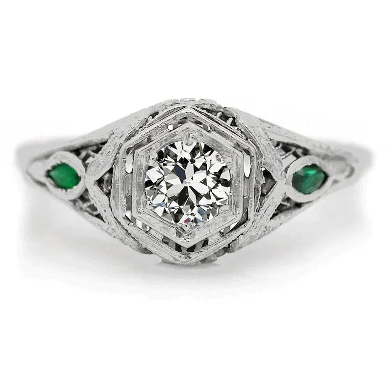 Bijoux Personnalisés Bague 3 Pierres Emeraude & Véritable Diamant Taille Ancienne