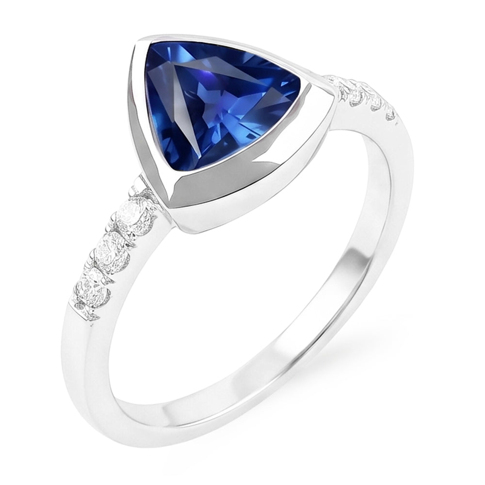Bijoux de pierres précieuses de diamant 2 carats trillion lunette sertie bague saphir bleu