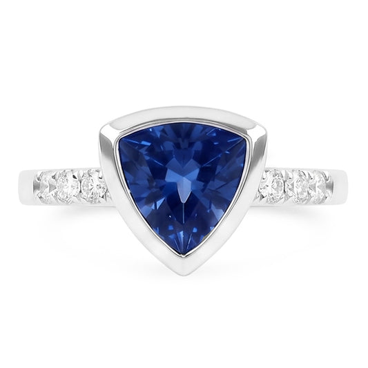 Bijoux de pierres précieuses de diamant 2 carats trillion lunette sertie bague saphir bleu