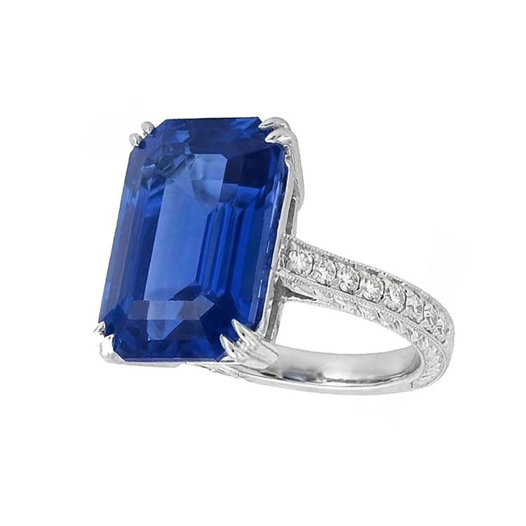 Bijoux en or diamant serti de griffes bague saphir bleu 5 carats millegrain