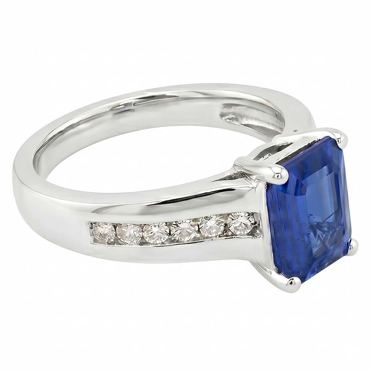 Bijoux en or diamant taille émeraude bague saphir bleu 3 carats sertie de griffes