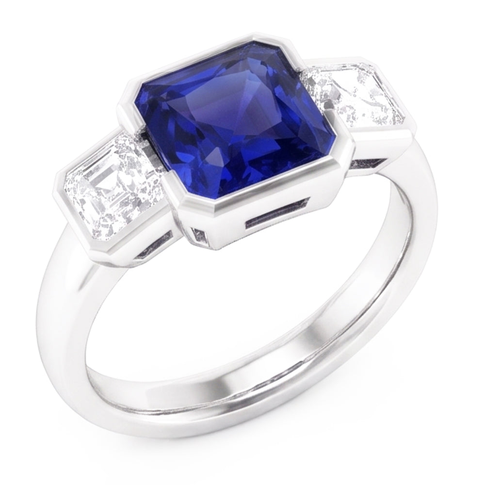 Bijoux en pierres précieuses 3 pierres saphir radieux et diamants Asscher 3 carats