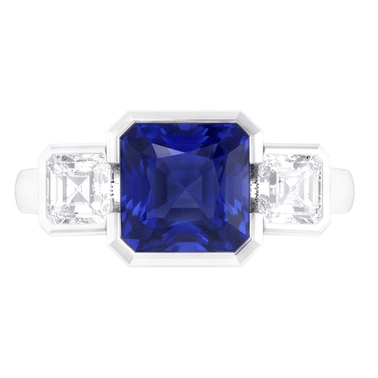 Bijoux en pierres précieuses 3 pierres saphir radieux et diamants Asscher 3 carats