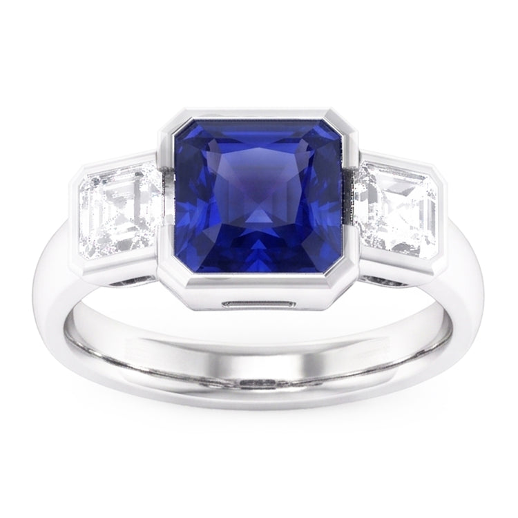 Bijoux en pierres précieuses 3 pierres saphir radieux et diamants Asscher 3 carats