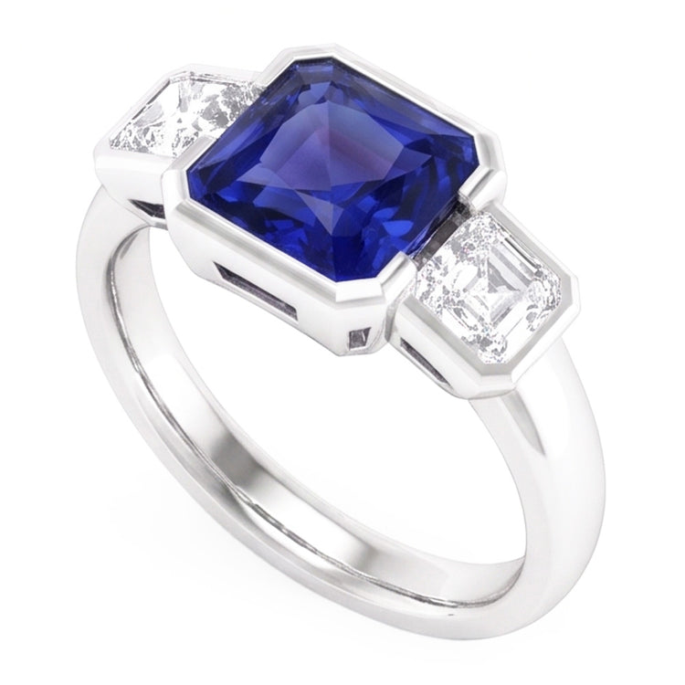 Bijoux en pierres précieuses 3 pierres saphir radieux et diamants Asscher 3 carats