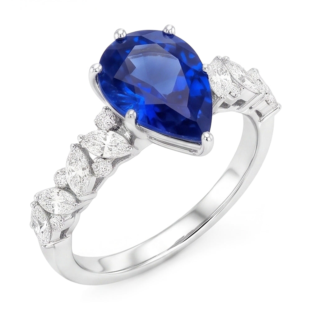 Bijoux en pierres précieuses Bague Saphir Bleu Marquise & Diamants Ronds 3 Carats