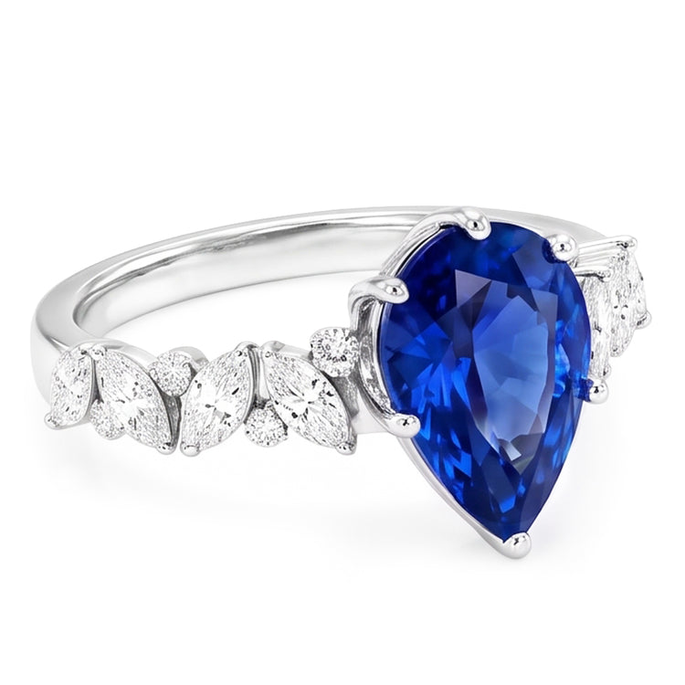 Bijoux en pierres précieuses Bague Saphir Bleu Marquise & Diamants Ronds 3 Carats