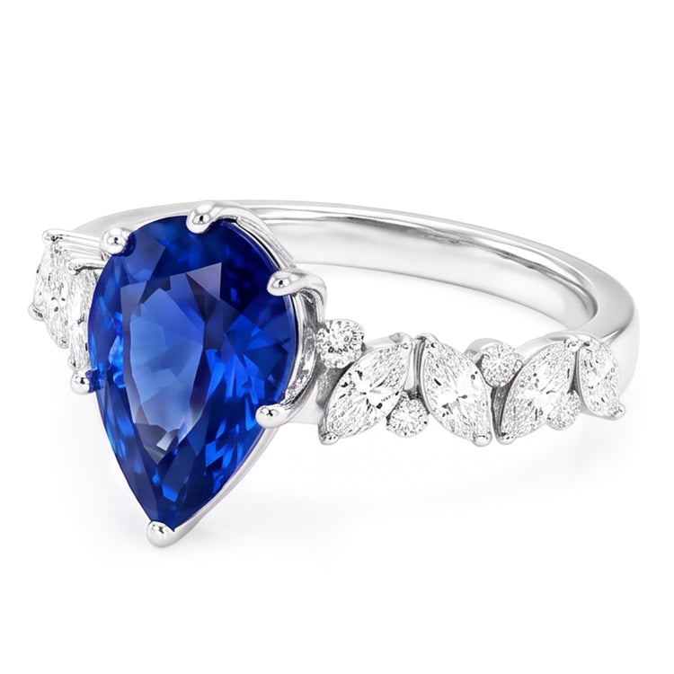 Bijoux en pierres précieuses Bague Saphir Bleu Marquise & Diamants Ronds 3 Carats