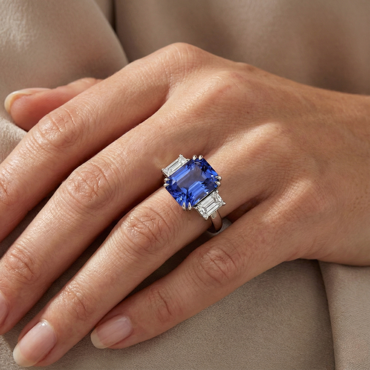 Bijoux Diamant Emeraude Bague 3 Pierres Saphir Radiant 5 Carats
