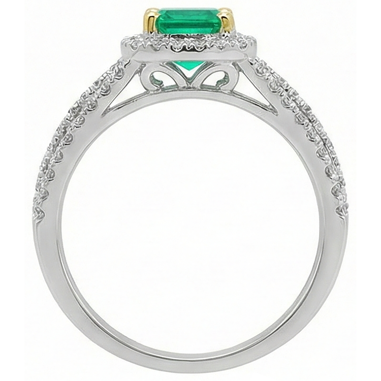 Taille Coussin Émeraude Colombienne bague en Or 14K Bicolore – vue d'angle
