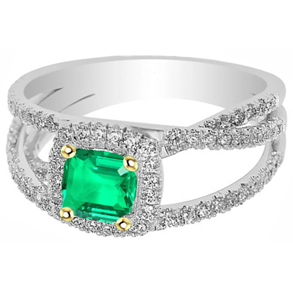 Taille Coussin Émeraude Colombienne bague en Or 14K Bicolore – vue de face