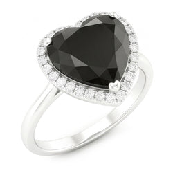 Bague de Fiançailles Halo Cœur en Diamant Noir Véritable 3 Carats Anneau Lisse en Or Blanc 14K