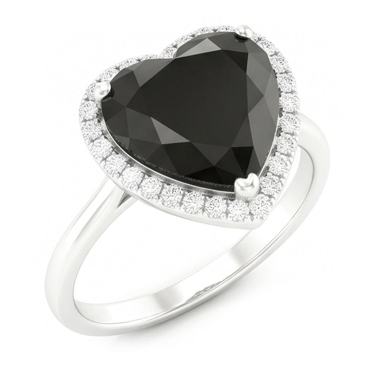 Bague de Fiançailles Diamant Noir Véritable 3 Carats Halo Cœur Anneau Simple en Or Blanc 14 Carats