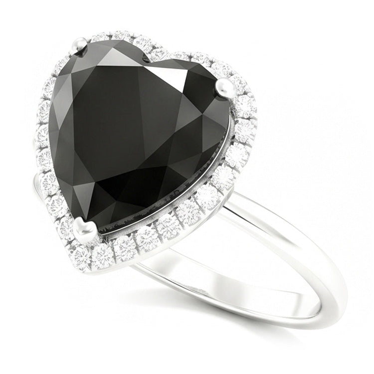Bague de Fiançailles Diamant Noir Véritable 3 Carats Halo Cœur Anneau Simple en Or Blanc 14 Carats