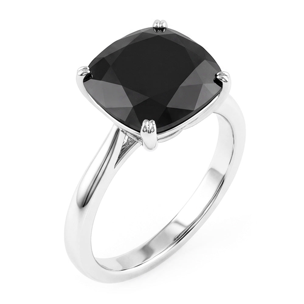 Bague de Fiançailles Solitaire Diamant Noir Véritable Taille Coussin 5 Carats Anneau Fil de Couteau en Or Blanc 14 Carats