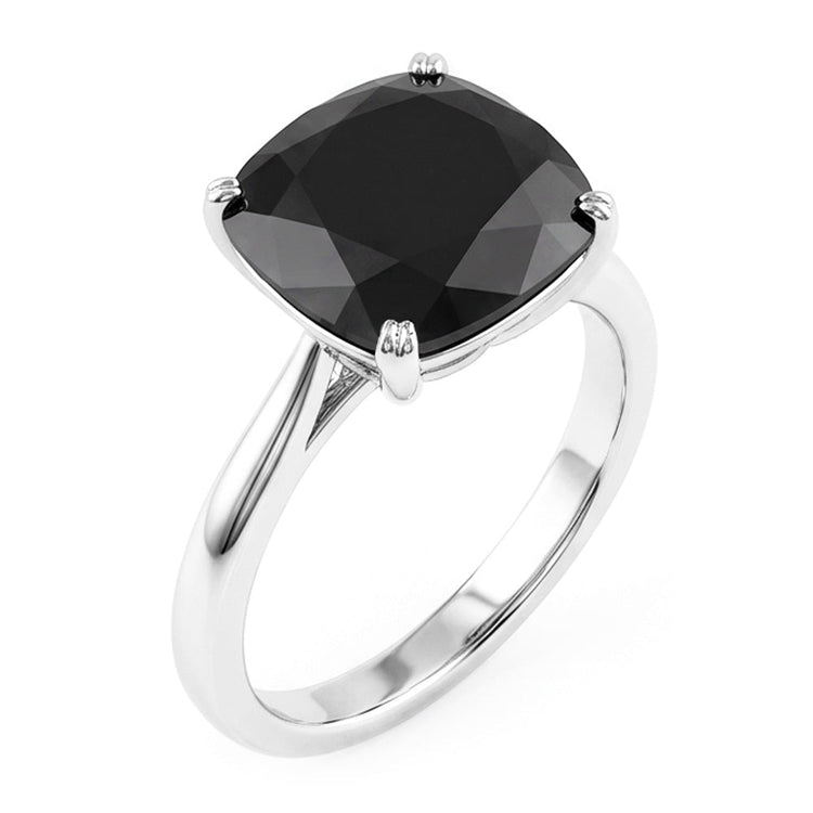 Bague de Fiançailles Solitaire Diamant Noir Véritable 5 Carats Taille Coussin Anneau Biseauté Or Blanc 14K