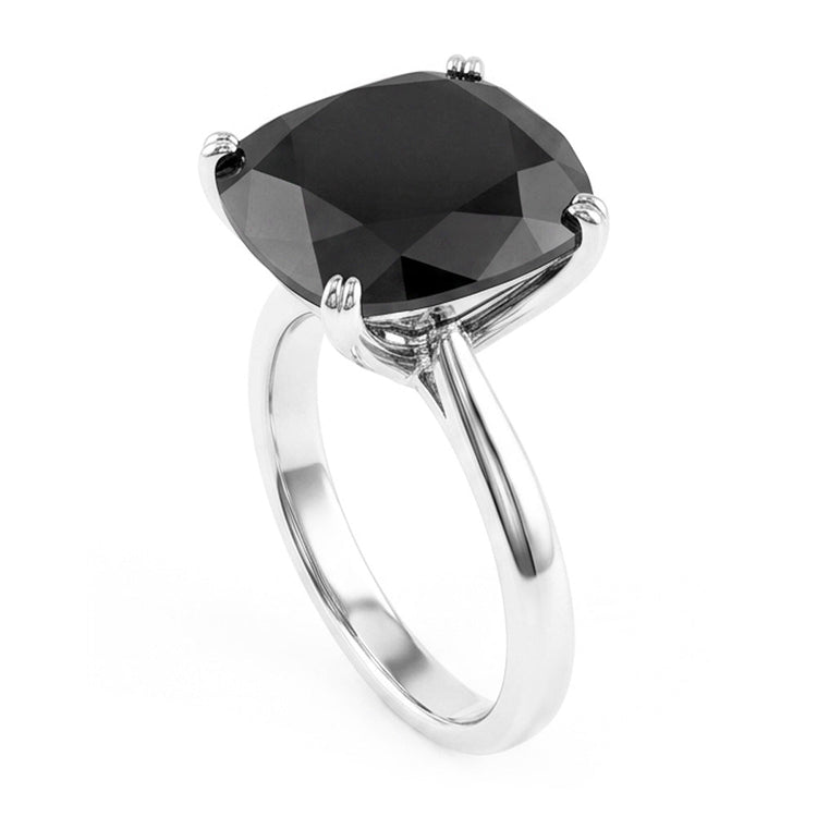 Bague de Fiançailles Solitaire Diamant Noir Véritable Taille Coussin 5 Carats Anneau Fil de Couteau en Or Blanc 14 Carats