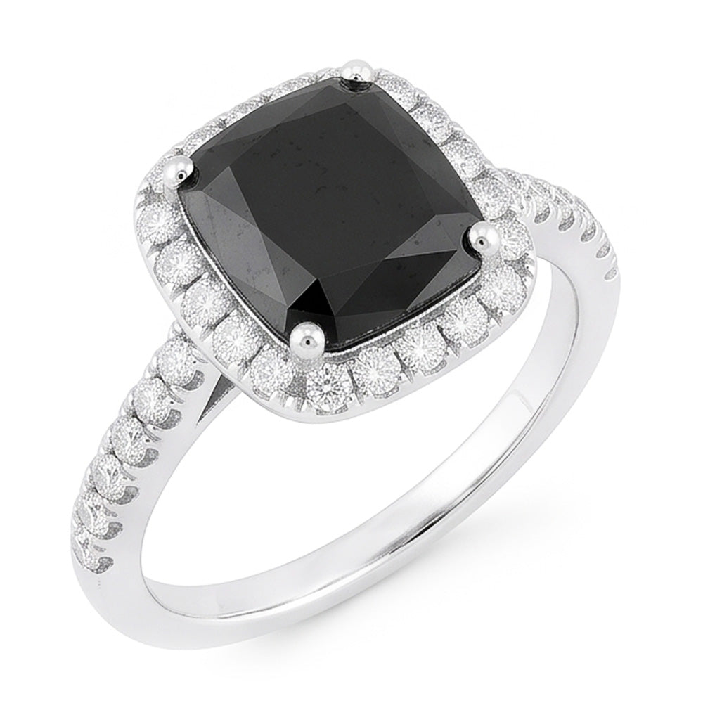 Bague de Fiançailles Halo en Or Blanc 14 Carats avec Véritable Diamant Noir Taille Radiant de 5 Carats