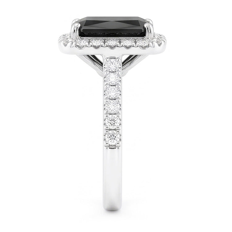 Bague de Fiançailles Halo en Or Blanc 14 Carats avec Véritable Diamant Noir Taille Radiant de 5 Carats