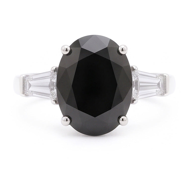 Bague trois pierres en or blanc 14K avec diamant noir naturel ovale et baguettes 3,6 carats