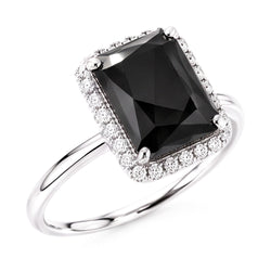 Bijoux en Diamant Noir - Bague Halo Radiant Véritable 3,5 Carats en Or Blanc 14K