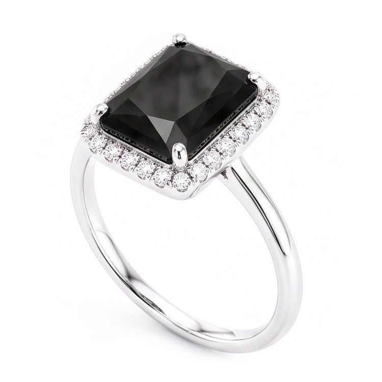Bijoux en diamant noir - Bague Halo taille radiant véritable 3,5 carats en Or Blanc 14 carats