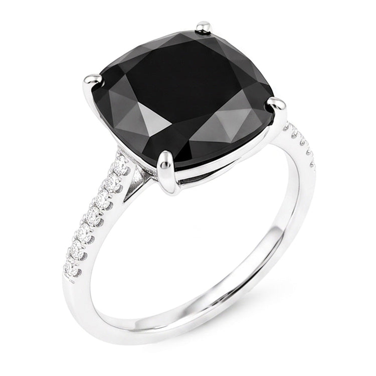 Bague Solitaire en Diamant Noir Véritable Taille Coussin 6 Carats en Or Blanc 14 Carats