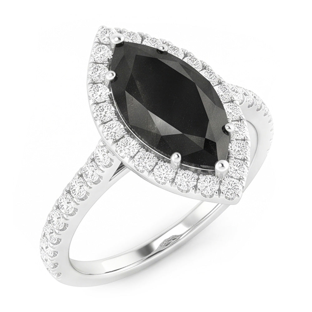 Bijoux en Diamant Noir - Bague Halo Marquise Véritable 6 Carats en Or Blanc 14 Carats