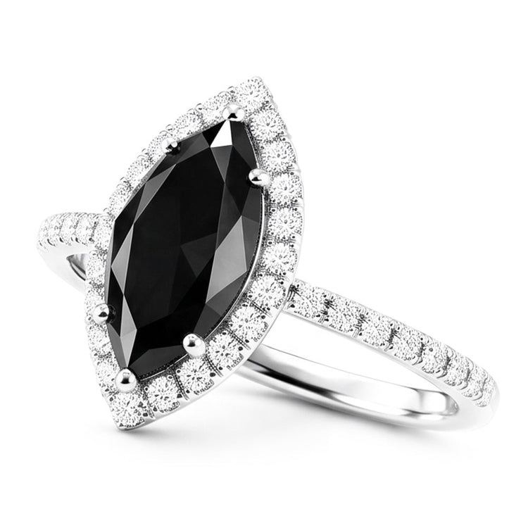 Bague de mariage en Or Blanc 14 carats avec diamant noir véritable de 4 carats et Halo marquise