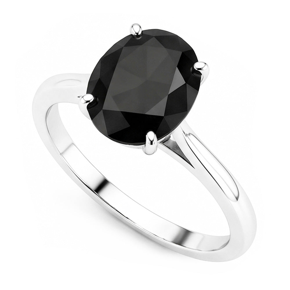 Bague de mariage solitaire ovale en diamant noir véritable 5 carats, anneau fil couteau, Or Blanc 14 carats