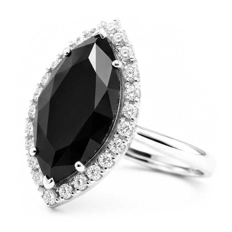 Bague de fiançailles en diamant noir véritable taille marquise 3 carats avec halo en or blanc 14K