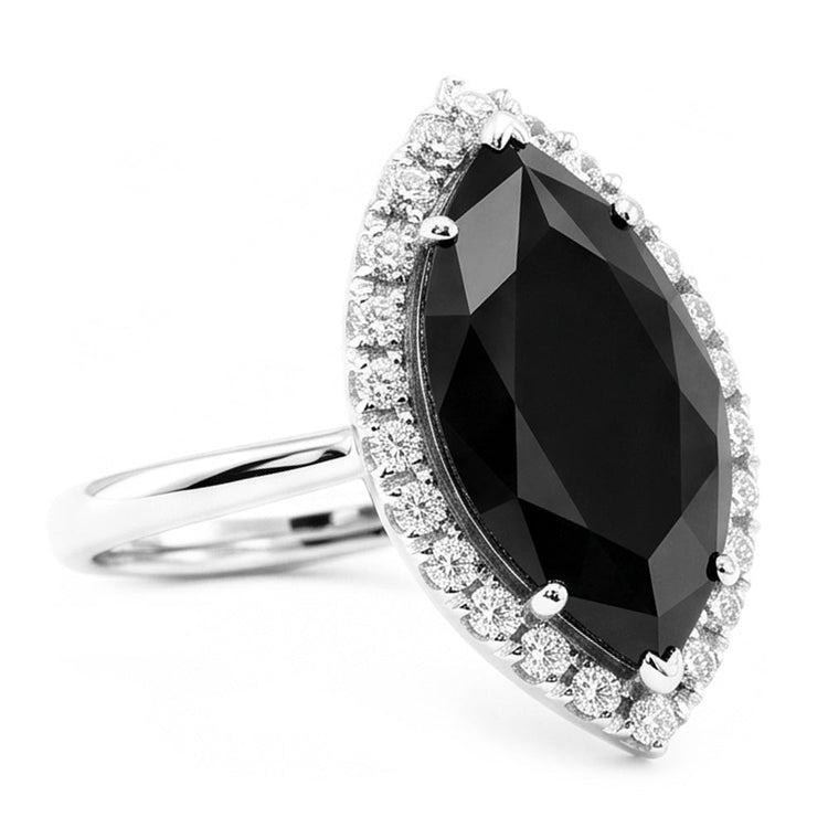 Bague de fiançailles halo marquise avec diamant noir véritable de 3 carats en or blanc 14 carats