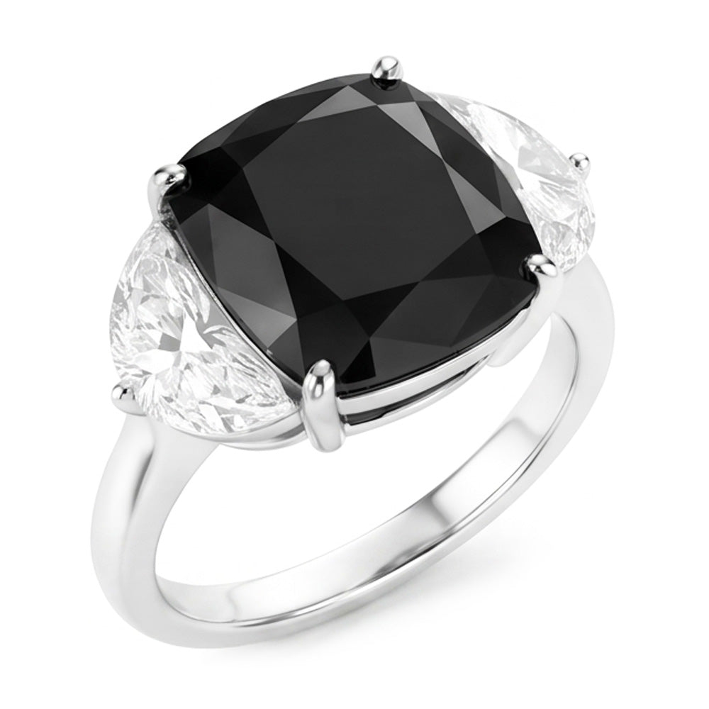 Bague de fiançailles trois pierres en Or Blanc 14 carats avec diamant noir naturel taille coussin et demi-lune 4,6 carats