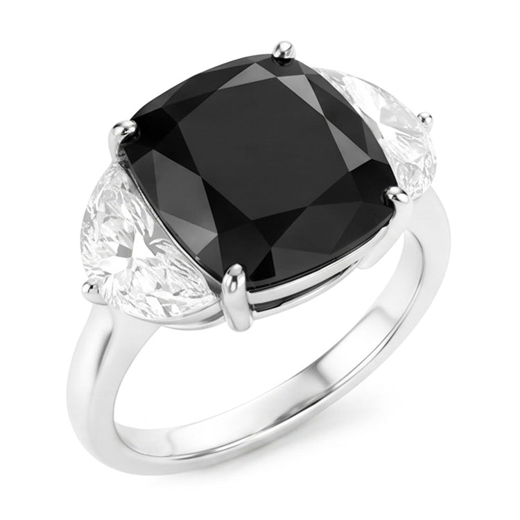 Bague de fiançailles trois pierres en Or Blanc 14 carats avec diamant noir naturel taille coussin et demi-lune 4,6 carats