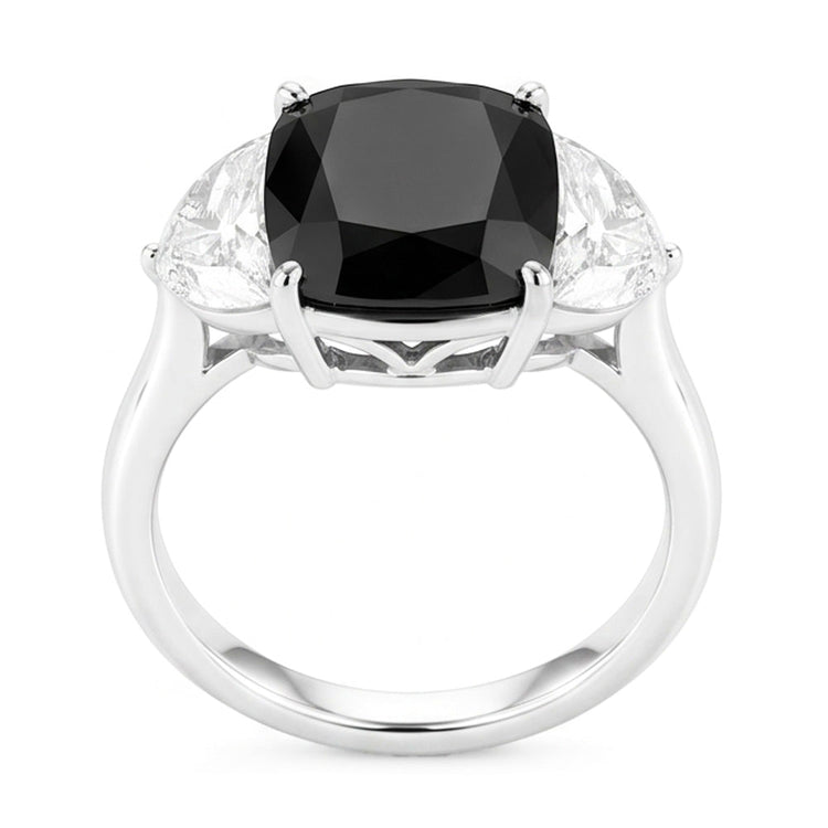 Bague de fiançailles trois pierres en Or Blanc 14 carats avec diamant noir naturel taille coussin et demi-lune 4,6 carats