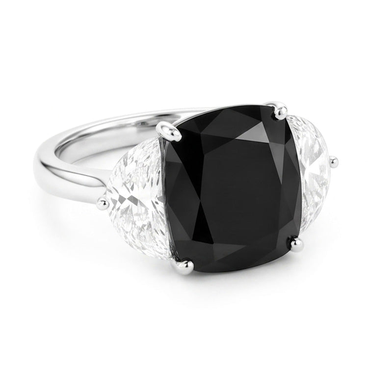 Bague de fiançailles trois pierres diamant noir naturel 4,6 carats taille coussin et demi-lunes en Or Blanc 14 carats