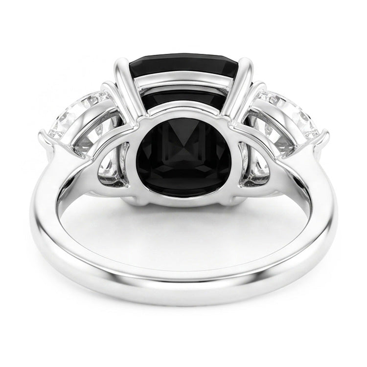 Bague de fiançailles trois pierres diamant noir naturel 4,6 carats taille coussin et demi-lunes en Or Blanc 14 carats