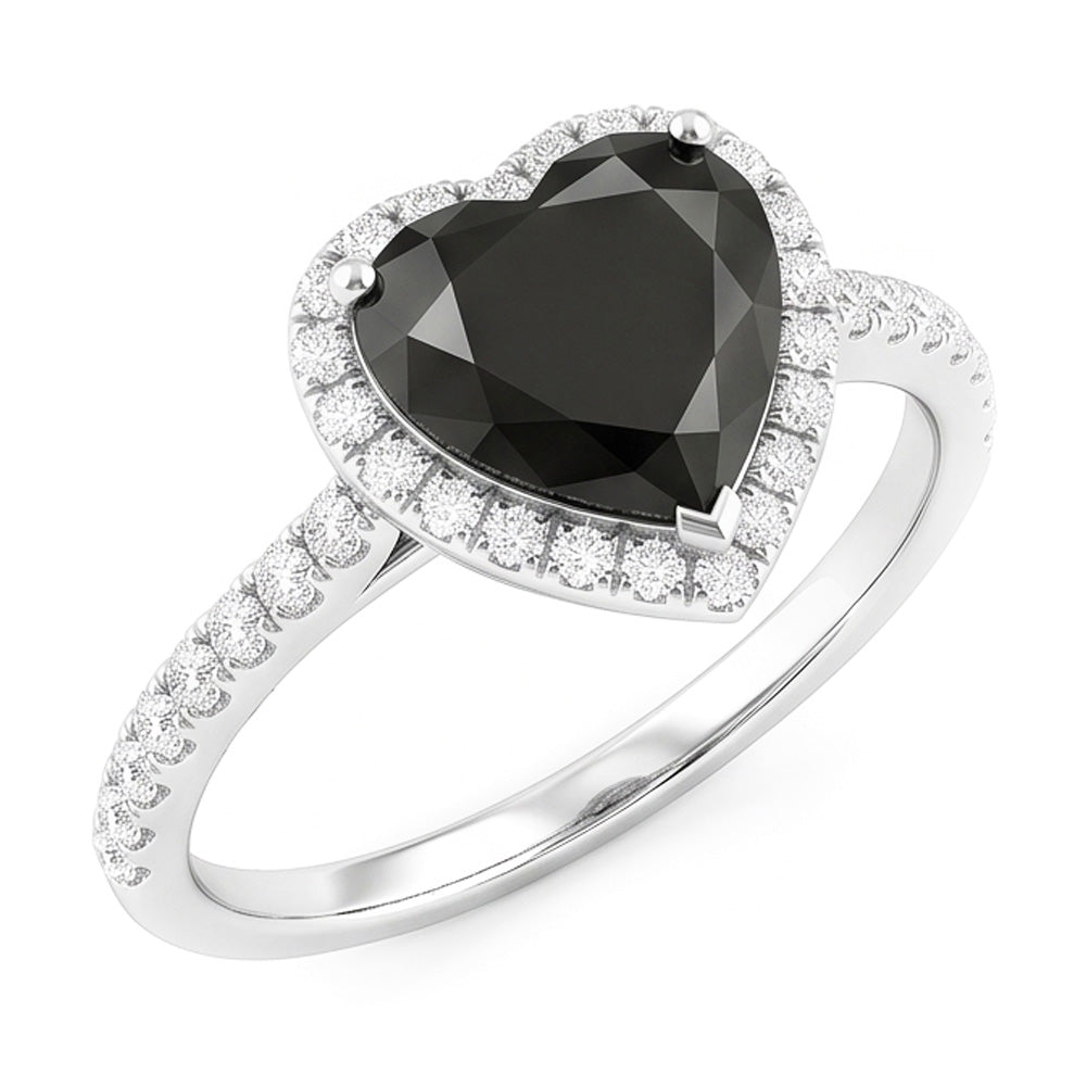 Bague de fiançailles diamant noir naturel cœur 4 carats halo pavé en Or Blanc 14 carats