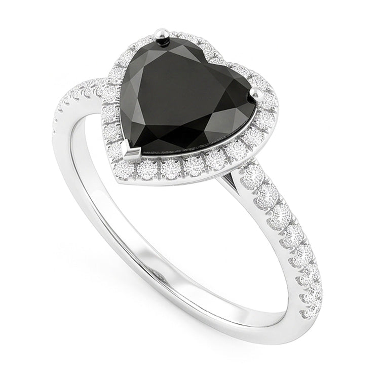 Bague de fiançailles en diamant noir naturel 4 carats, halo cœur pavé en Or Blanc 14 carats